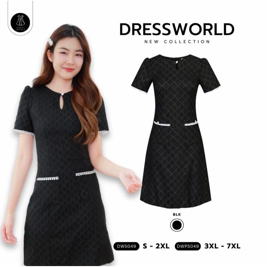 **เผื่อไซส์ {S-7XL} 5049 งานป้าย Dress World เดรสสั้นทรงเอ ลายตาราง กระเป๋าใช้งานได้จริง