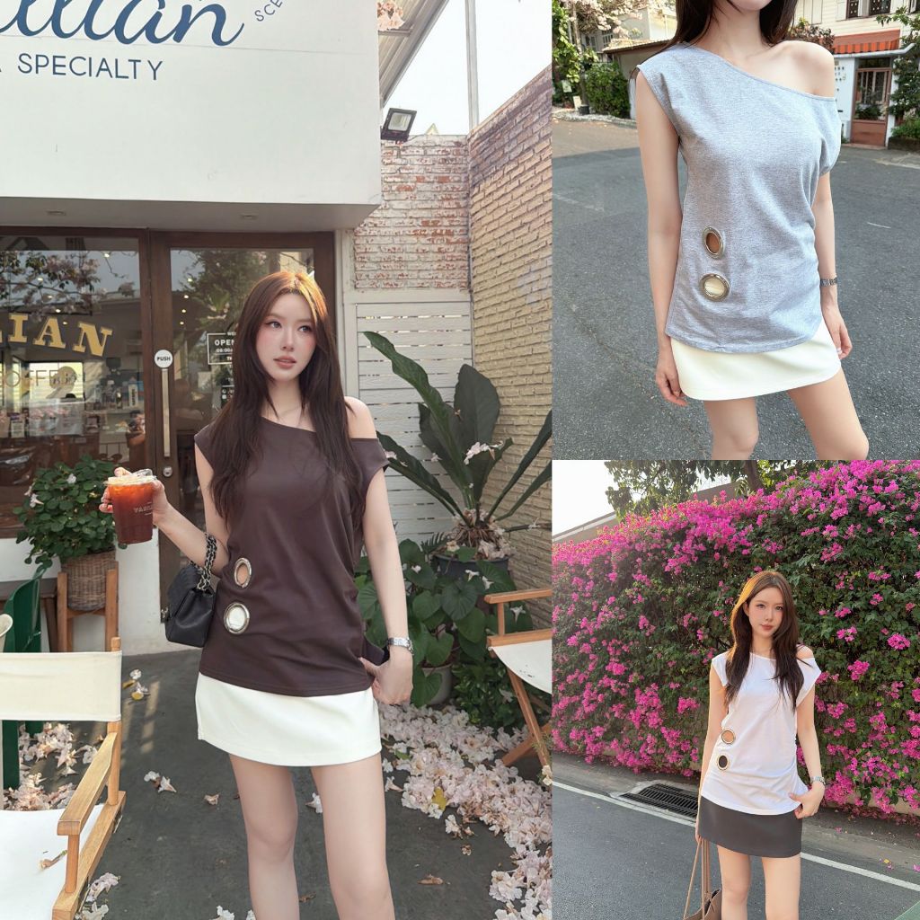 ขาว/เทา/น้ำตาล SLYQ GROMMET DROP SHOULDER TOP เสื้อยืดทรงปาดไหล่แต่งห่วงเจาะ