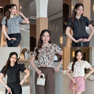 V1[S-XXL] เสื้อครอปคอบัวเล็กน่ารักแต่งกุ้นนูน