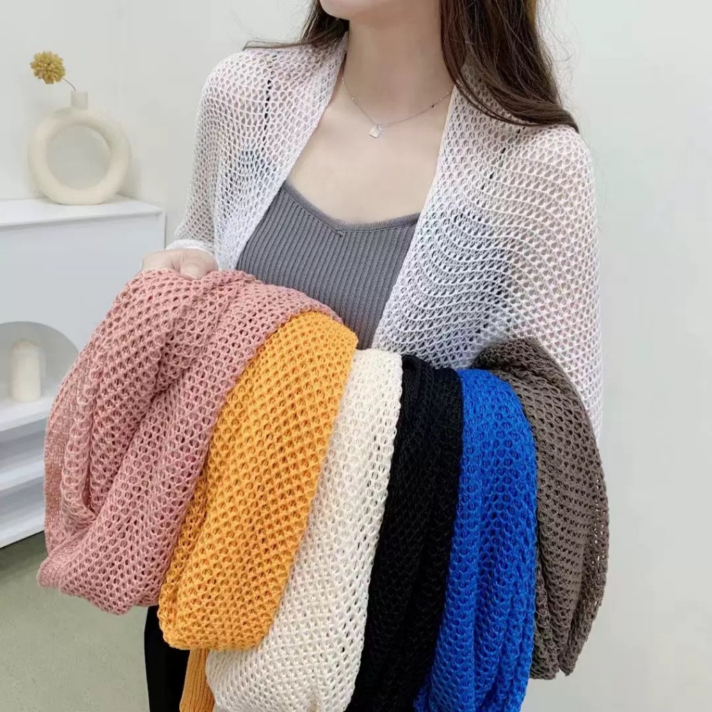 เสื้อคลุมกันแดดสีพื้นสำหรับฤดูร้อน ผ้าคลุมไหล่สั้นสำหรับผู้หญิง ผ้าถักตาข่าย เนื้อบาง