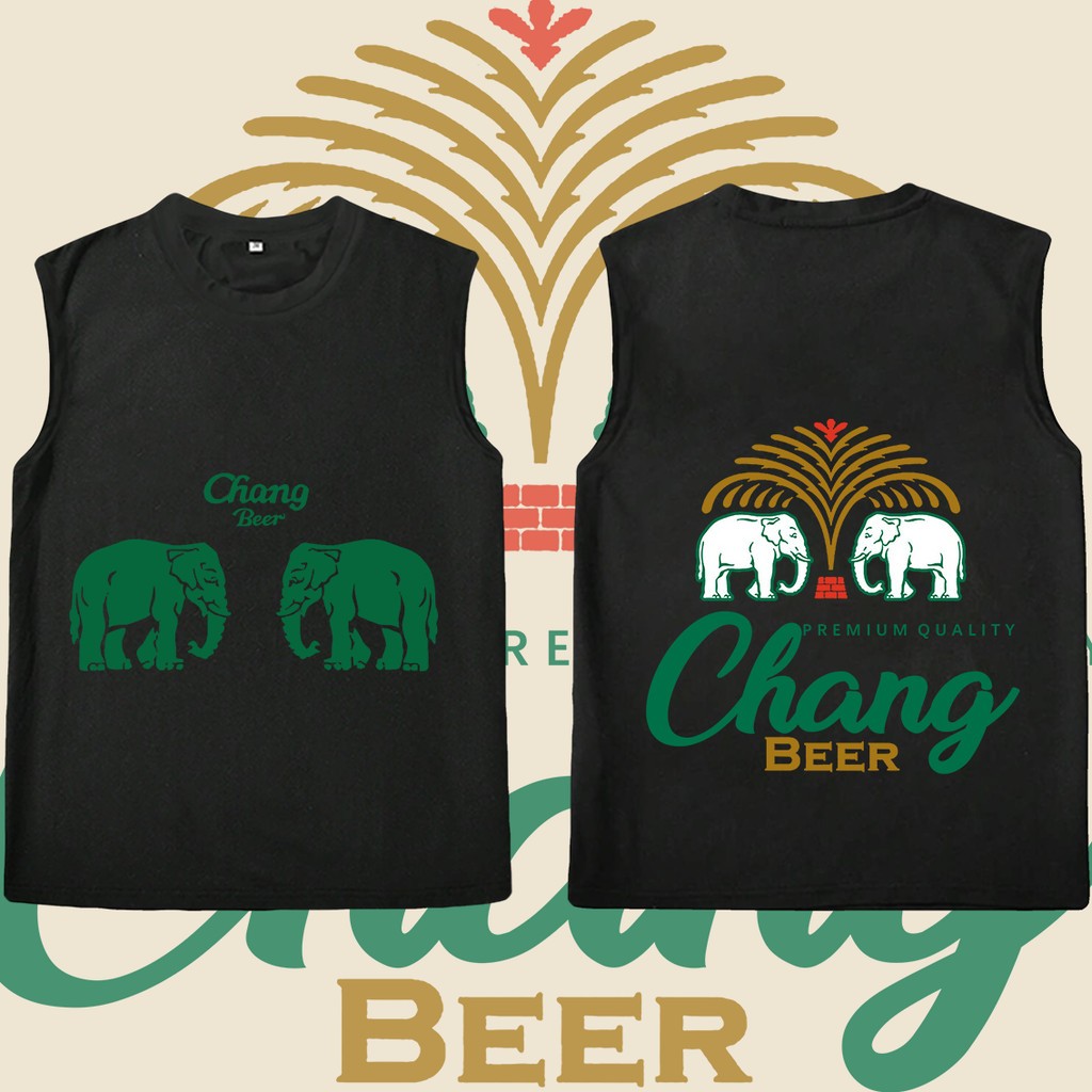 แขนกุดพิมพ์เสื้อกั๊กผ้าฝ้ายคอกลมด้านบน Chang Beer เสื้อกั๊กเบียร์ Tanks