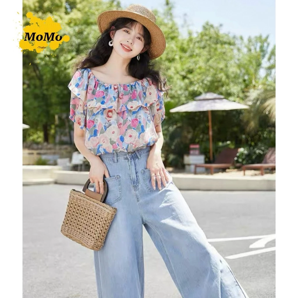 เสื้อลายดอกไม้ผ้าชีฟองแขนสั้น ดีเทลจับจีบพอง รุ่น 074 - รูปที่ 1