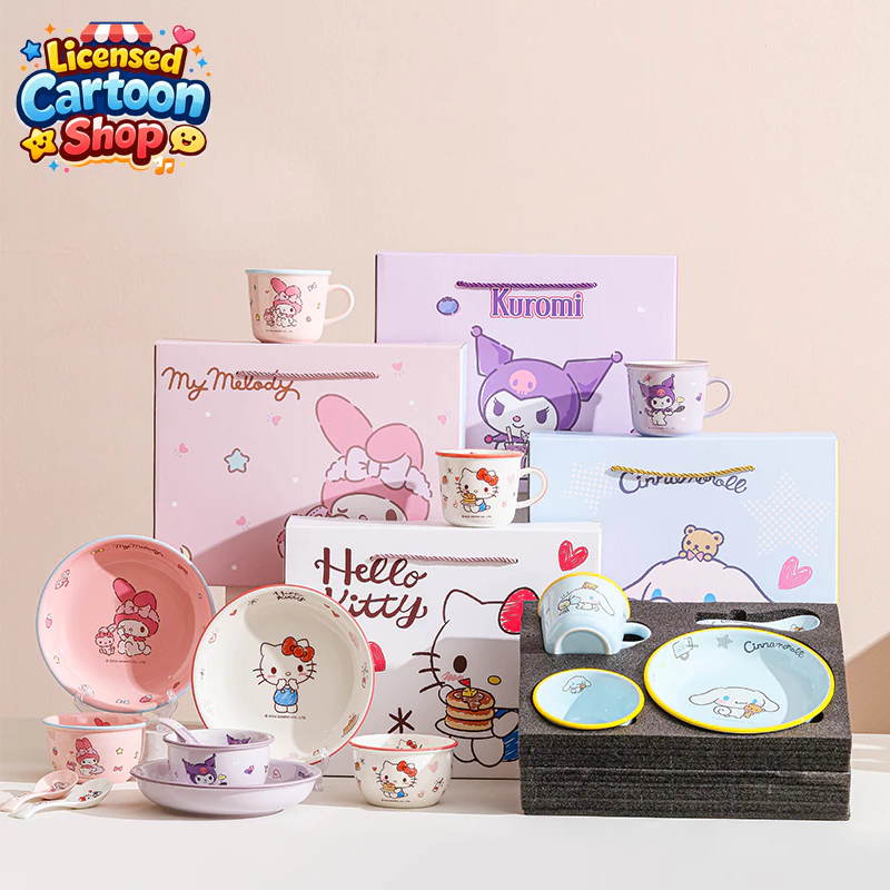 【ของแท้】Sanrio ซานริโอ ชุดภาชนะเซรามิก สำหรับ 1 คน ดีไซน์โดปามีน กล่องของขวัญสุดสวย ของขวัญวันหยุด ใช้ประจำ ส่งฟรี
