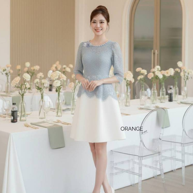 #21806 เดรสสั้นออกงาน โทนฟ้า ผ้าลูกไม้เนื้อนิ่ม กระโปรงทรงเอ