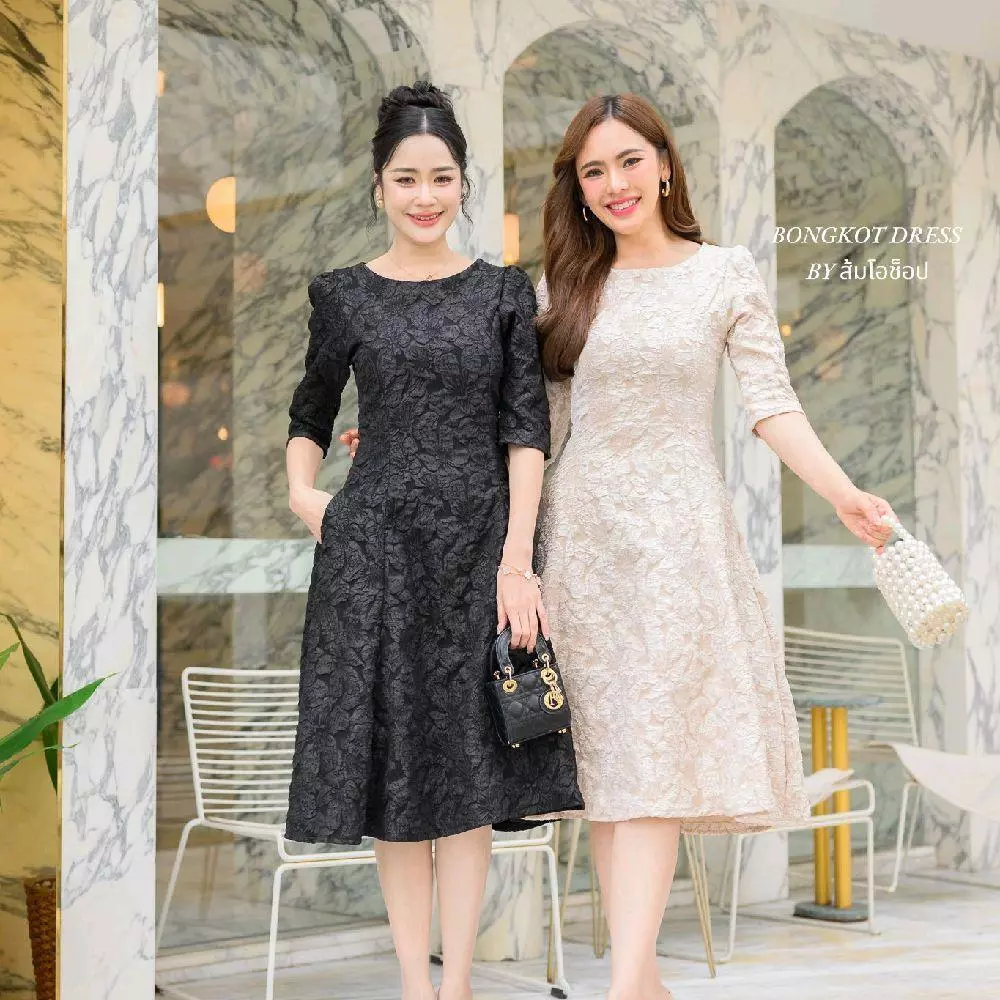 DL07 (**ผ้าลัชชูลายชบา **)เดรสออกงานแขน3ส่วน ชุดทำงาน ชุดไปคาเฟ่สวยสุภาพเรียบหรู (ลงตรงไซส์)