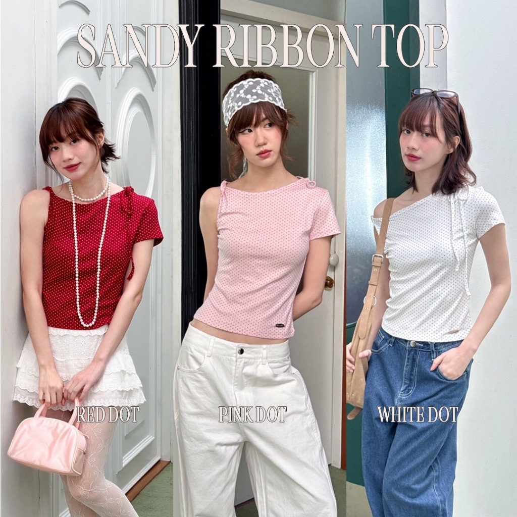 Choosedress A2029 Sandy Ribbon Top เสื้อปาดไหล่ ลายจุด
