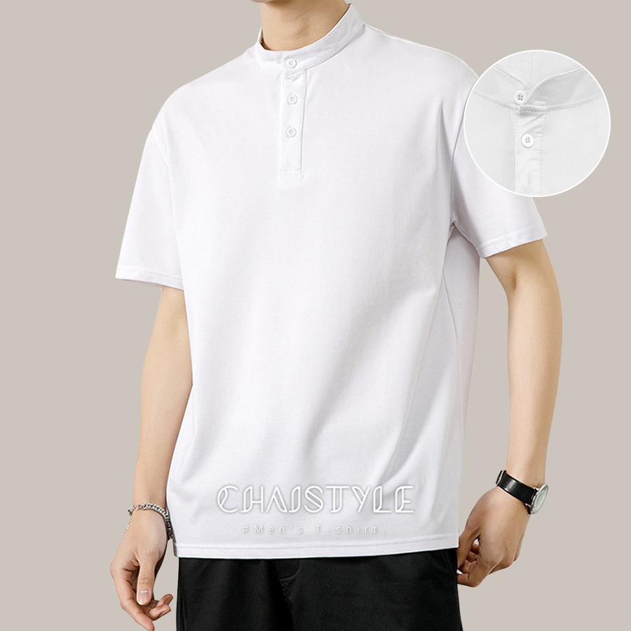 Chaistyle เสื้อยืดวินเทจสไตล์ญี่ปุ่น สีล้วน เสื้อคอปก Henry ทรงหลวม เรียบง่ายแมทช์ง่าย ลำลอง