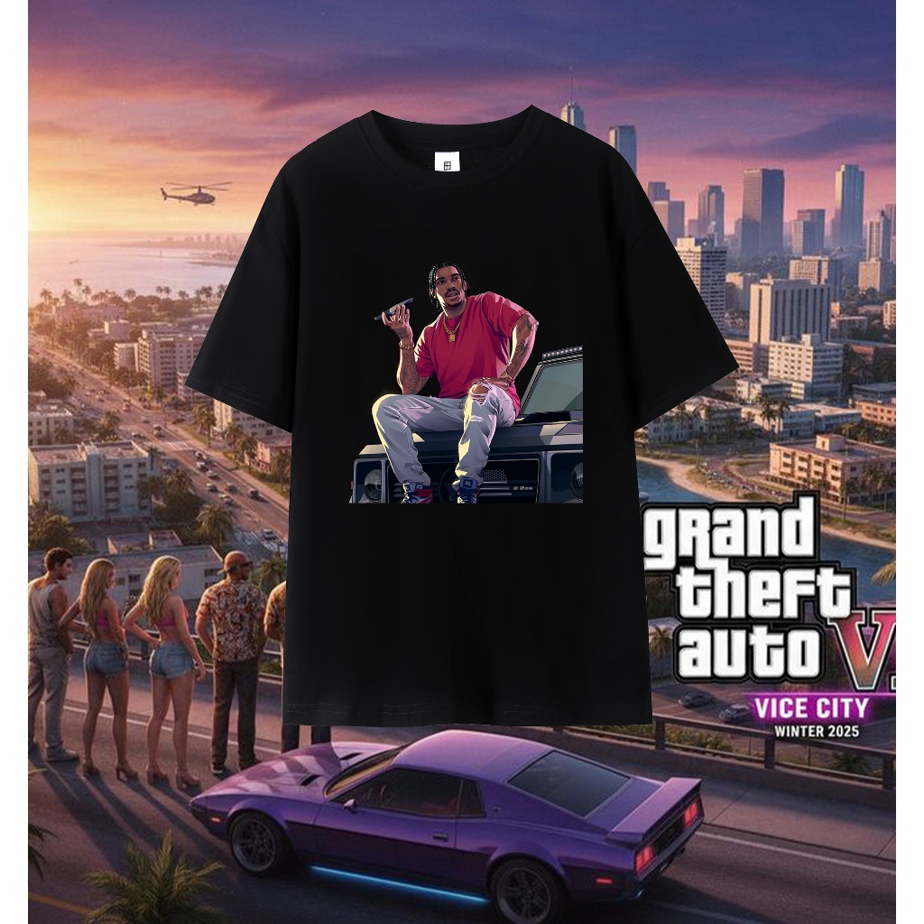 เสื้อยืดลําลอง แขนสั้น พิมพ์ลาย Grand Theft Auto GTA 6 การพิมพ์แบบหลวม ๆ พิมพ์ด้านเดียวรอบคอ