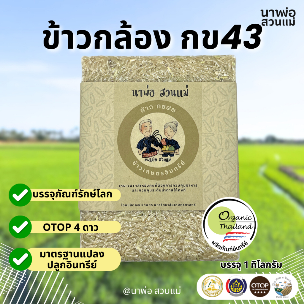 ข้าวกล้อง ข้าวพันธุ์ กข43 บรรจุ 1 กก. จากทุ่ง นาพ่อ สวนแม่ จ.สุพรรณบุรี