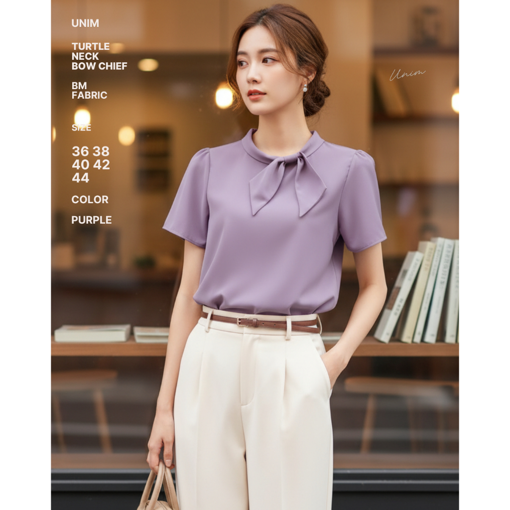 Unim เสื้อคอตลบปกตลบโบว์มุกม่วง