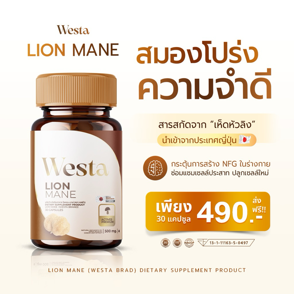 LION MANE•🤯บำรุงสมอง ความจำ กระปุกละ 30 แคปซูล ไลออน มาเน่ WESTA Lion Mane