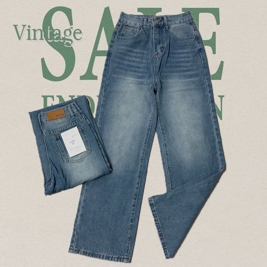 Vintage รุ่น 9789 กางเกงยีนส์ ฟ้าเบสิก ทรงกระบอก แต่งเฟดขา ทรงสวยผ้าไม่ยืด