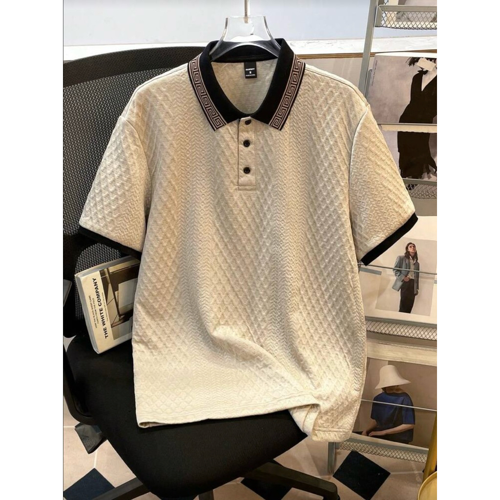เสื้อยืดโปโลแขนสั้น ลวดลายเรขาคณิต แบบกระดุมครึ่งตัว ลำลอง ผ้าถักทอ สำหรับผู้หญิงและผู้ชาย