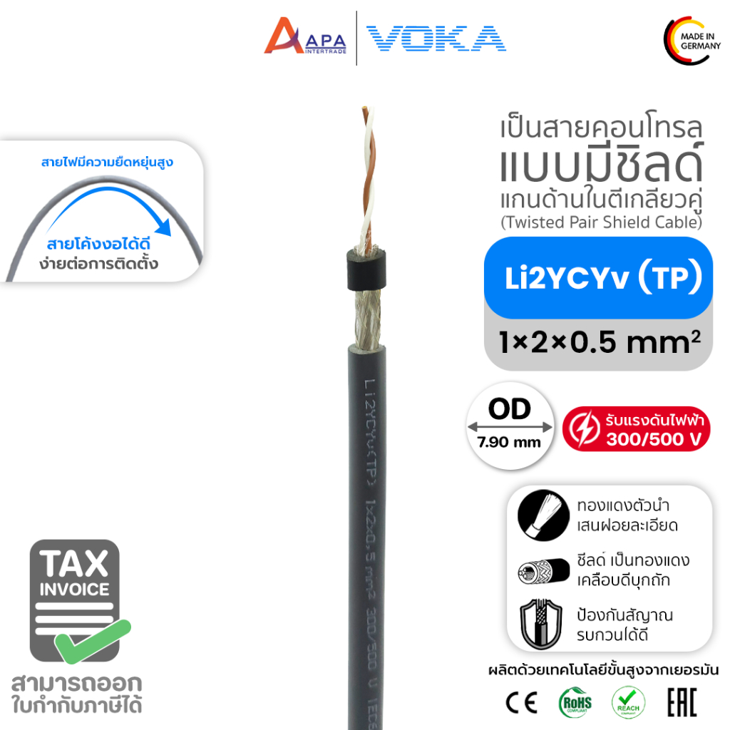 Li2YCYv (TP) 1x2x0.5 SQ.MM BLACK VOKA KABEL (ราคาต่อเมตร ) (สั่งขั้นต่ำ 10 เมตร)