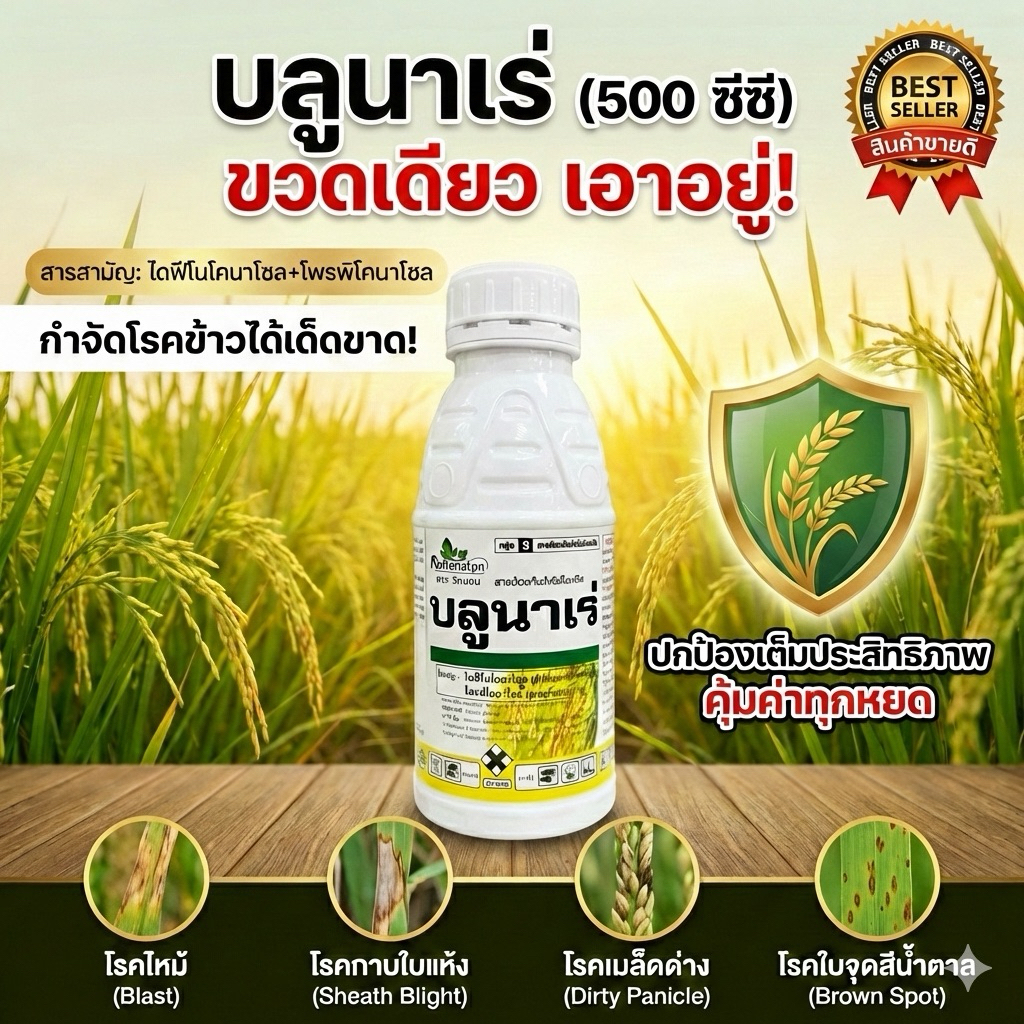 บลูนาเร่ 500ซีซี ไดฟีโนโคนาโซล+โพรพิโคนาโซล ตัวเดียวกับอามูเร่ กำจัดโรคเมล็ดด่างป้อง โรคกาบใบแห้งโรคราสนิมในข้าว ข้าวโพด