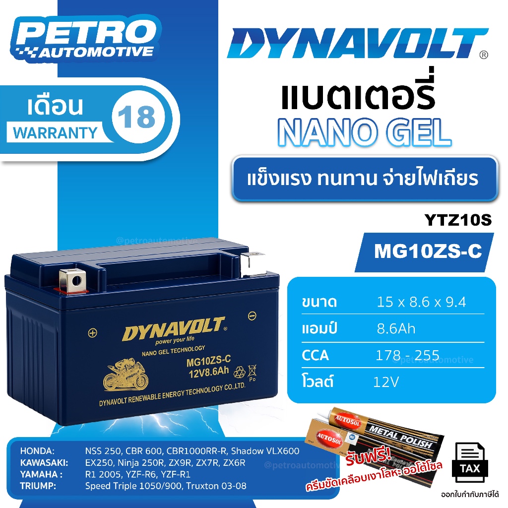 แบตเตอรี่ Dynavolt Nano Gel MG10ZS-C (YTZ10S / GTZ10S) 12V 8.6Ah | CCA 255A | สุดยอดพลังสตาร์ท!