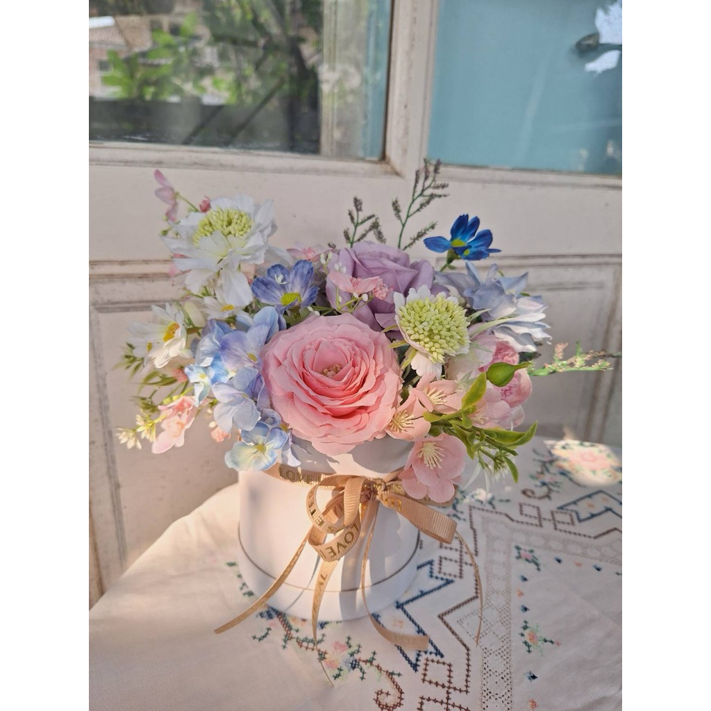 🌷🌈ช่อดอกไม้ประดิษฐ์ โทนชมพูฟ้า ห่อกล่อง ส่งทันที 14Feb