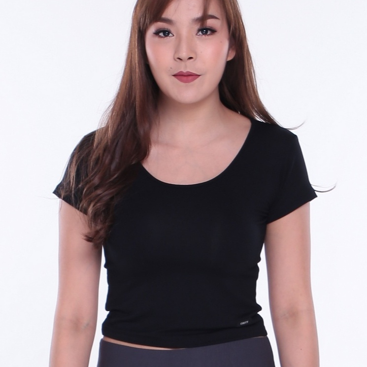( ยืดเอวลอย ไซส์ S-M ) เสื้อยืดผู้หญิง เสื้อครอป Croptop เสื้อเอวลอย เสื้อยืดสีพื้น เสื้อครอปสีดำ SL