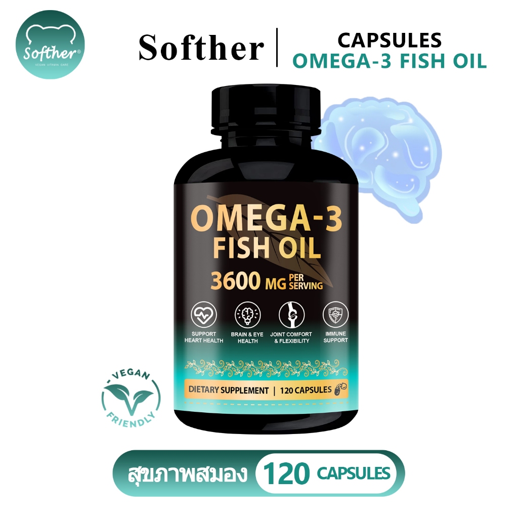 Softher Fish Oil Supplement Omega3 น้ำมันปลา แคปซูล with DHA บำรุงสายตา Joint Health 120 Capsules