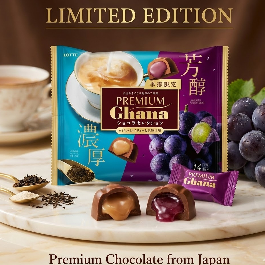 Lotte Premium Ghana Chocolate Selection ช็อกโกแลตญี่ปุ่นลิมิเต็ด 2 รส Royal Milk Tea & Kyoho Grape ไส้เยิ้ม นำเข้า 113g