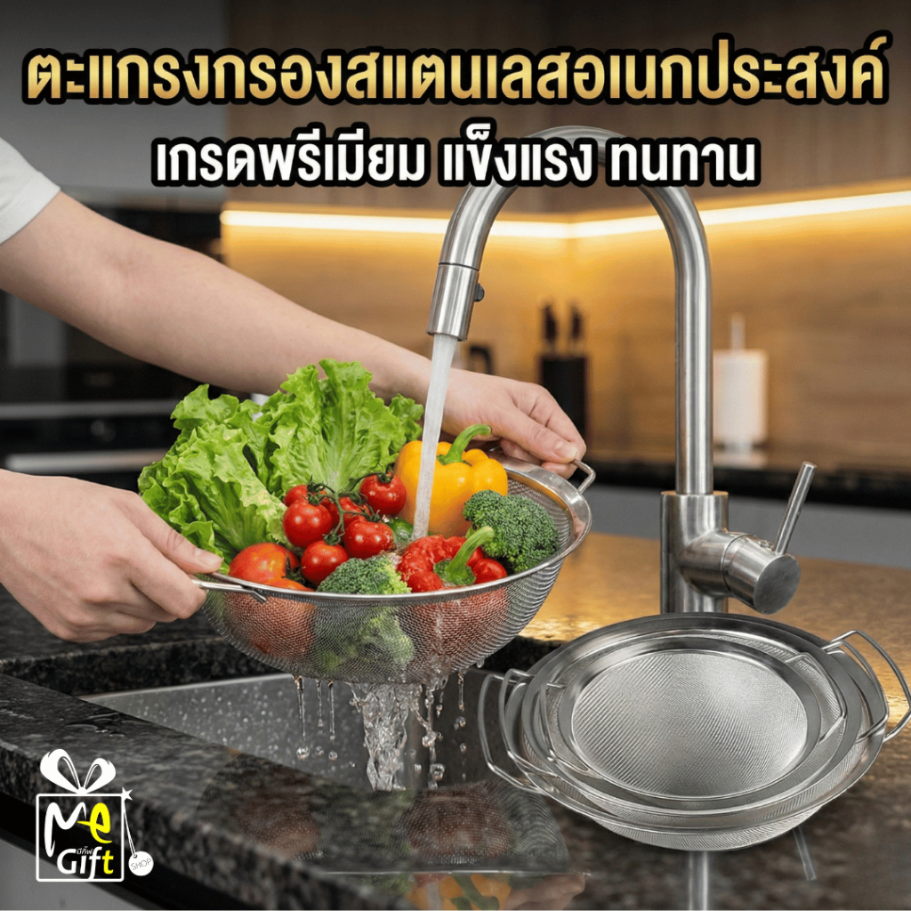 ตะแกรงล้างผัก ตะแกรงกรองสแตนเลส มีหูจับ มีให้เลือก 8 ขนาด (14-30.5 ซม.) เกรดพรีเมียม แข็งแรง ทนทาน พร้อมส่งในไทย