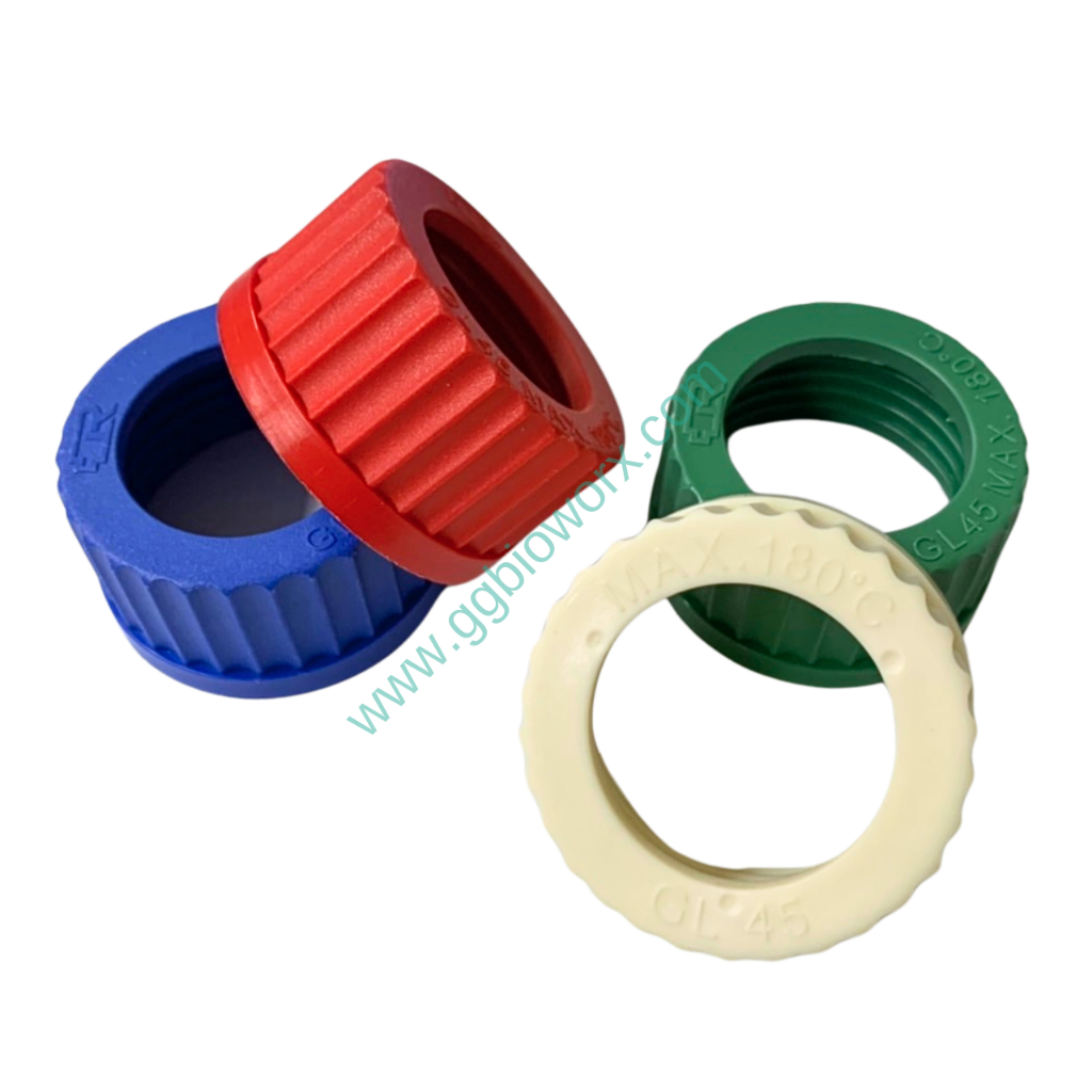 พร้อมส่งในไทย!! ฝาเกลียว GL45 มีรู สำหรับขวดแก้วสารเคมี | Screw Cap GL45 with Hole ทนความร้อน 180°C
