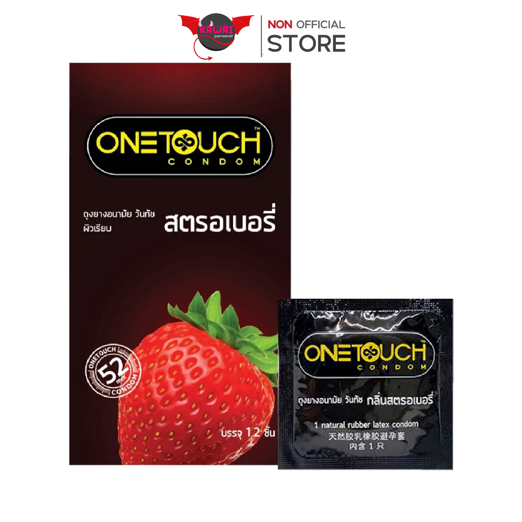 Onetouch ถุงยางอนามัย กลิ่นสตรอว์เบอร์รี เนื้อถุงยางสีชมพู ชนิดเรียบ บาง น้ำมันซิลิโคน ไซส์ 52 มม.