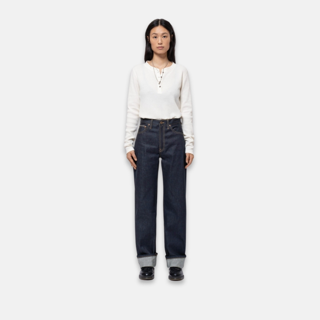 Nudie:CleanEileen-DryTwilightSelvage/ยีนส์ผ้าริมพิเศษยีนส์ซิป เอวสูง ทรงหลวม ขากว้าง