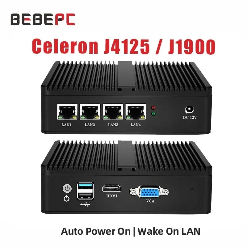 BEBEPC Fanless Mini PC Firewall Router Intel Celeron J1900 N2830 4 LAN Pfsense Ubuntu Windows 10 Ind