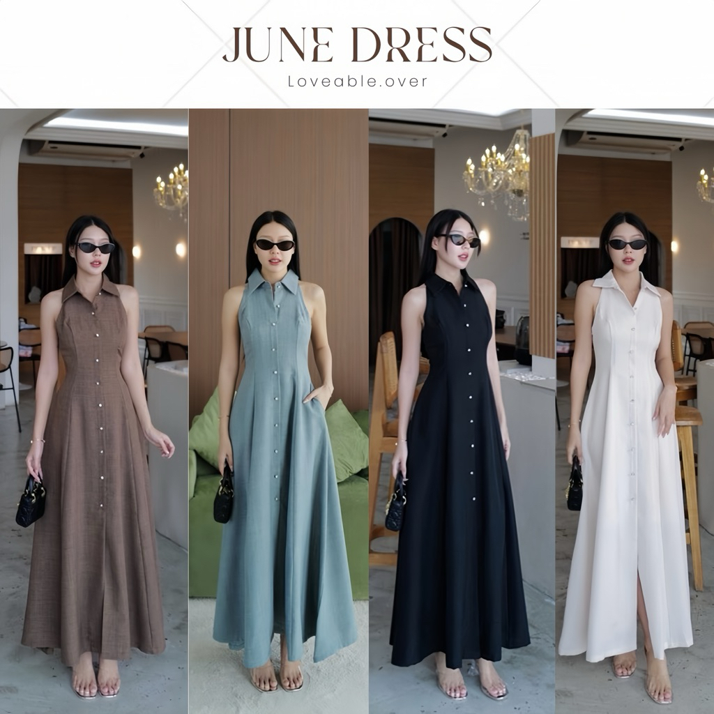 JUNE DRESS เดรสยาวคอปก แขนกุด แต่งกระดุมหน้า ผ่าหน้าต