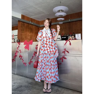Longdopaws : Aileen set ชุดเซ็ทเสื้อคอบันนี่+กระโปรงยาวอัดพลีทใส่สบายมีซับใน