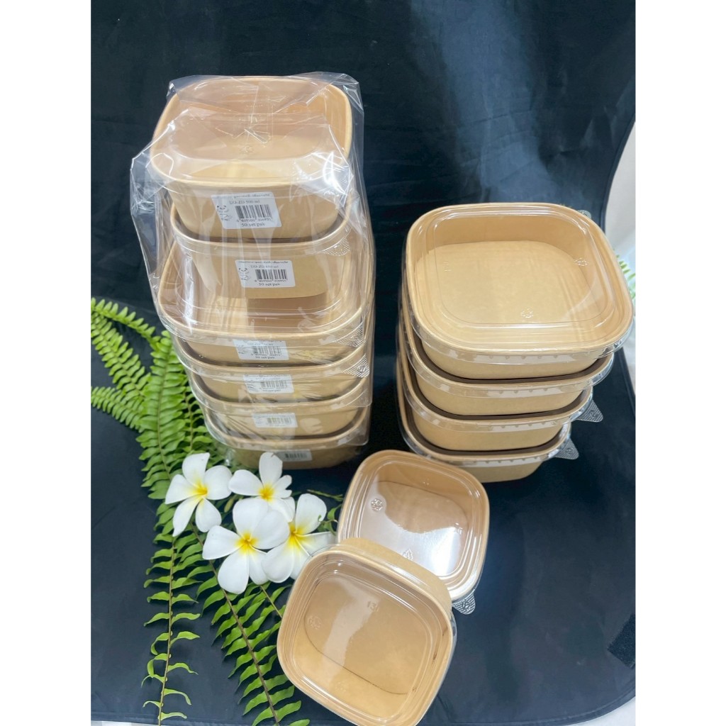 LOVE กล่องกระดาษคราฟท์สี่เหลี่ยมจตุรัสพร้อมฝาPET ยกลัง(300ชุด)ขนาด650ml/750ml/1000ml/1200ml/1400ml