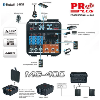 PROPLUS MG-400 เพาเวอร์มิกเซอร์ แร็ค 4CH เอฟเฟกต์ 24DSP มี Bluetooth 48V USB Power Mixer MG400