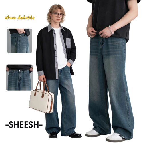 SHEESH-กางเกงยีนส์ผู้ชายขากว้าง สีน้ำเงินเข้ม baggy jeans ขากระบอก ย้อนยุค สไตล์อเมริกัน