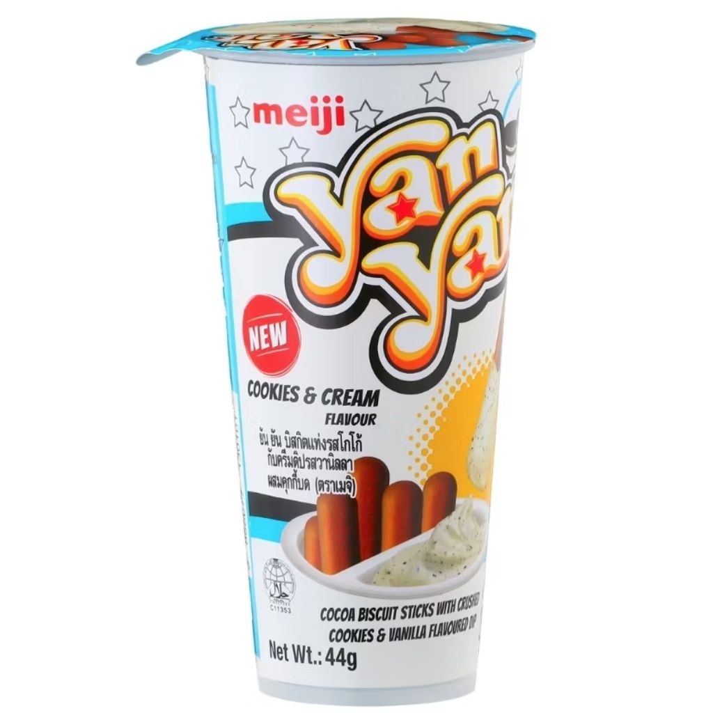 Meiji Yan Yan เมจิ ยัน ยัน บิสกิตแท่ง ดิปครีมรส คุกกี้ แอนด์ ครีม 44กรัม ( 130101 )