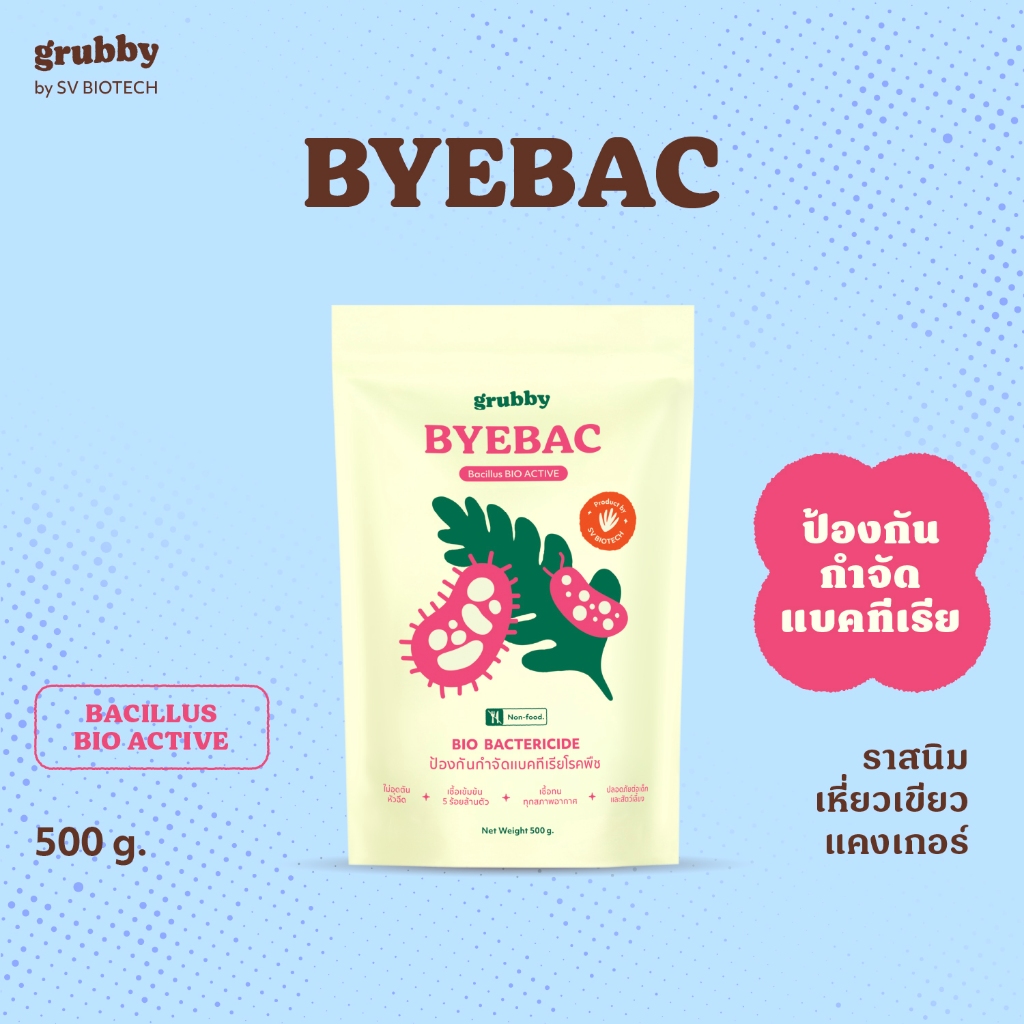บายแบค (Byebac) 500g เชื้อแบคทีเรียบาซิลลัสคุณภาพสูง ป้องกันโรคเหี่ยว โรคแคงเกอร์ โรคใบจุดกุหลาบ ราแบคเทค เอสวี SV