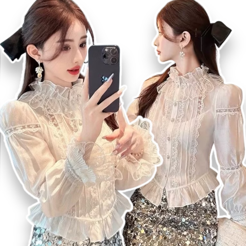 🌷พร้อมส่ง🌷แถมซับในสายเดี่ยว เสื้อคอสูงทรงเชิ้ตลูกไม้วินเทจสไตล์ยุโรป/เรเนซองส์ รอบคอแต่งด้วยมุกเพชร