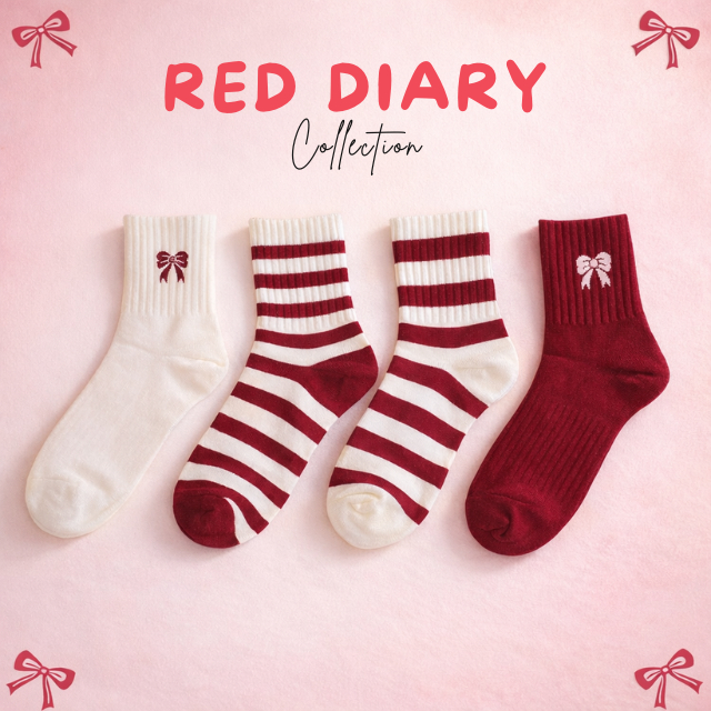 ♥️🤍 ถุงเท้าข้อกลางโทนขาวแดงเข้ม คอลเลคชั่น "Red Diary" 🤍♥️