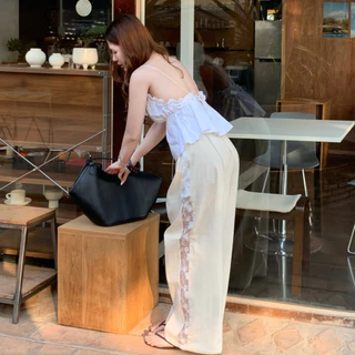 𝐋𝐨𝐨𝐤𝐦𝐚𝐢 𝐋𝐢𝐧𝐞𝐧 𝐩𝐚𝐧𝐭 กางเกงขายาวแต่งดีเทลลูกไม้ซีทรู กางเกงชายหาด กางเกงขายาวผู้หญิง