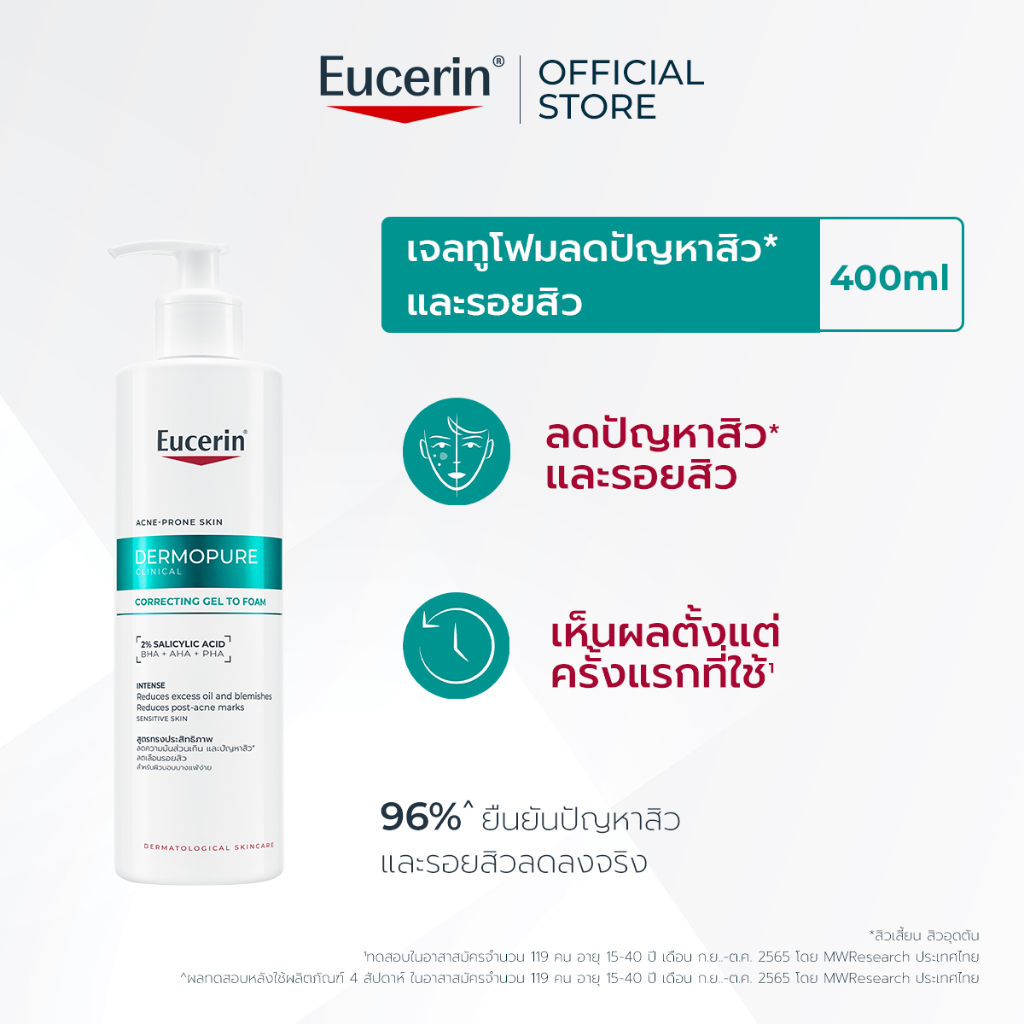 Eucerin DERMOPURE CLINICAL CORRECTING GEL TO FOAM 400 ML เจลโฟมลดปัญหาสิว และรอยสิว