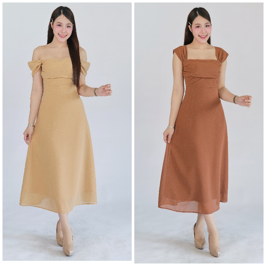 FN6124 Dress glitterชีฟอง สายเดี่ยว/เปิดบ่า กระโปรงบาน  ชุดไปงานแต่ง ชุดออกงาน เดรสเพื่อนเจ้าสาว สีพาสเทล [LUXURY707]