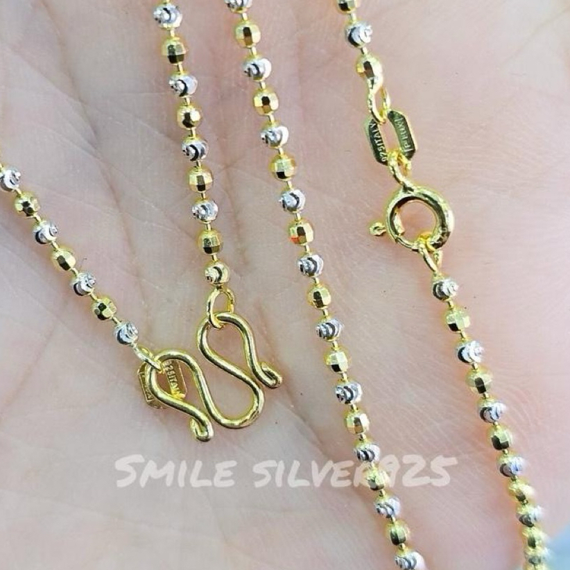 พ23 สร้อยคอ ไข่ปลาตัดกระจก / Ball moon 2mm. เงินแท้ 92.5% Italy ชุบ2กษัตริย์ (WG+G)