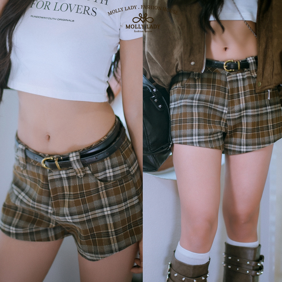 Molly Lady ❤️ London Street Olive Brown Wool Plaid Shorts กางเกงขาสั้นผ้าวูลลายสก็อต โทนสีเอิร์ธโทน