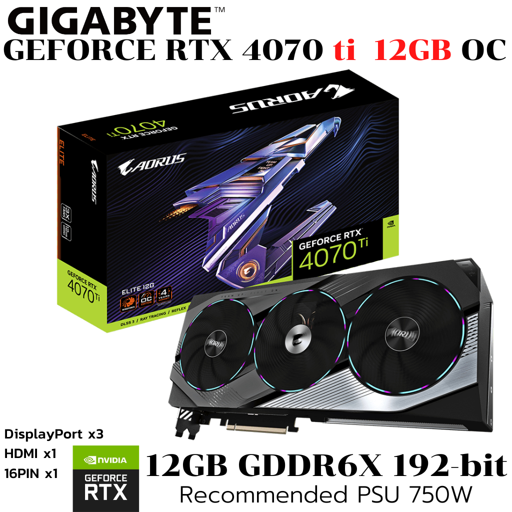 VGA (การ์ดแสดงผล) GIGABYTE AORUS Elite RTX 4070Ti 12GB GDDR6X