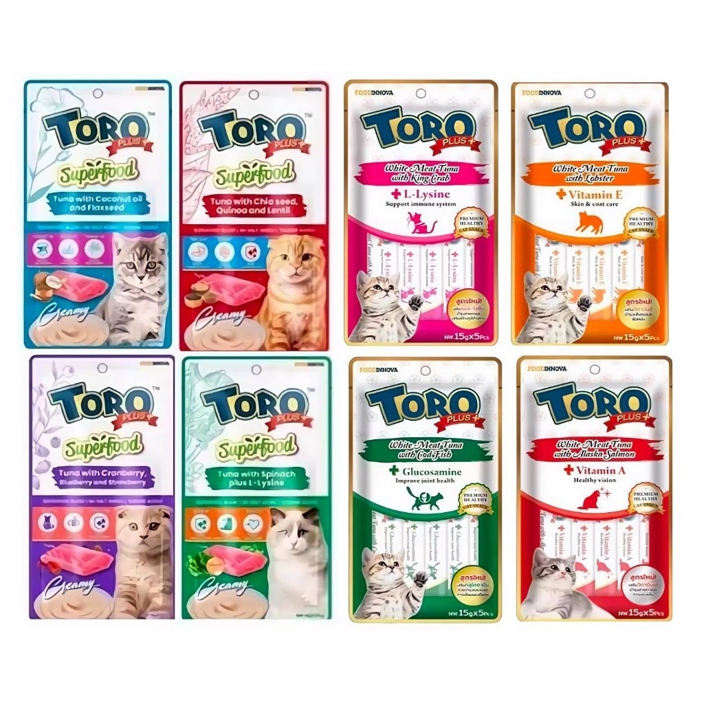 แพ็คคู่ 2 ห่อToro plus+ขนมแมวเลียเสริมบำรุงร่างกายไม่เติมเกลือไม่เติมไม่มีกลูเตน15 กรัม * 5ซอง