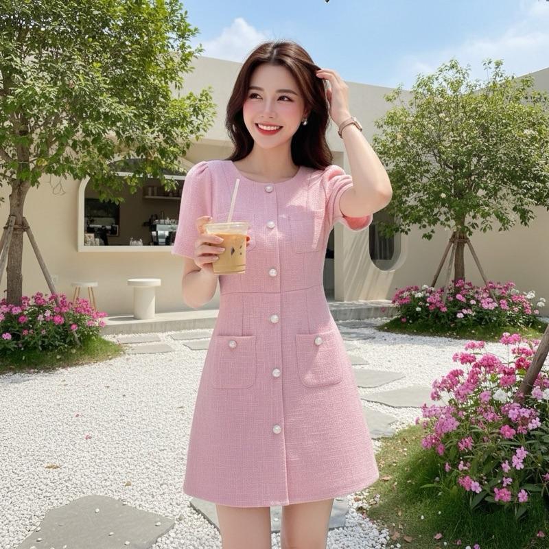 [LISA] A1224 ชุดเดรสกระโปรงคอกลมแขนสั้นดีเทลแต่งกระดุมไข่มุกกระเป๋าหน้า ใส่ออกงาน ดินเนอร์ คาเฟ่