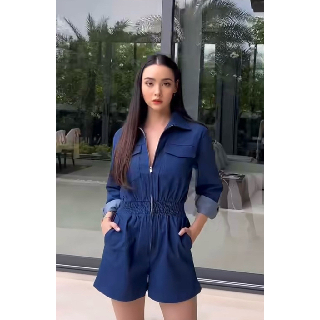 kimber Kimber Jeans Jumpsuit Short จัมสูทขาสั้นแขนยาว ผ้ายืด ใส่สบาย