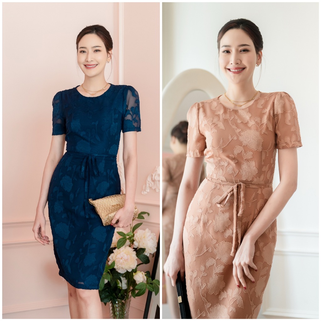 PD373 Chiffon Dress เดรสผ้าชีฟองเบิร์นเอ้าท์ คอกลม แขนสั้น กระโปรงเข้ารุปทรงสอบ แต่งโบว์ช่วงเอว
