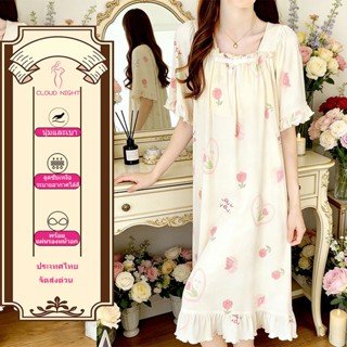 NEW ชุดนอนสไตล์เกาหลีพร้อมแผ่นหน้าอกฤดูร้อนดอกไม้หวานแตกแขนส…