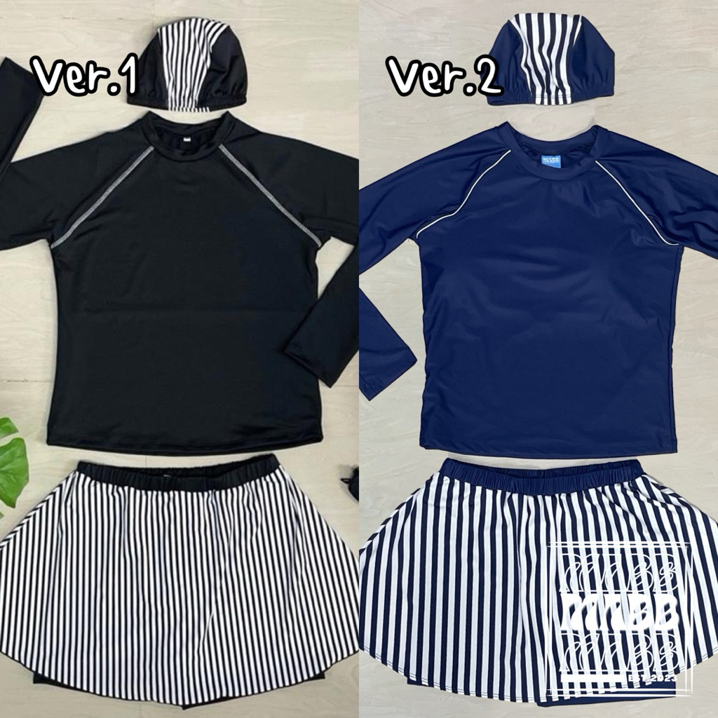 MABB - Black&White Swimwear ชุดว่ายน้ำแขนยาว กระโปรงกางเกง เซ็ต3ชิ้น ชุดว่ายน้ำสาวอวบ ไซส์ใหญ่